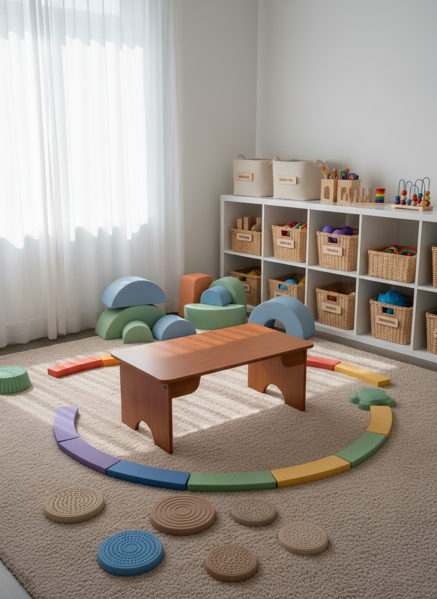 A neatly organized pediatric occupational therapy playroom without any people, featuring a low wooden therapy table, colorful balance beams, textured stepping stones, and large foam sensory shapes arranged invitingly on a soft, neutral rug. Shelves along the wall hold baskets of wooden toys, tactile balls, and fine-motor tools, all carefully labeled. Soft daylight filters through a large window with sheer white curtains, creating gentle, natural highlights and minimal shadows. Photographed at eye level in photographic realism, with a clean, modern aesthetic and sharp focus throughout, the scene feels professional yet warm, emphasizing an environment designed to support early childhood sensory-motor development and daily living skills in a calm, reassuring atmosphere.