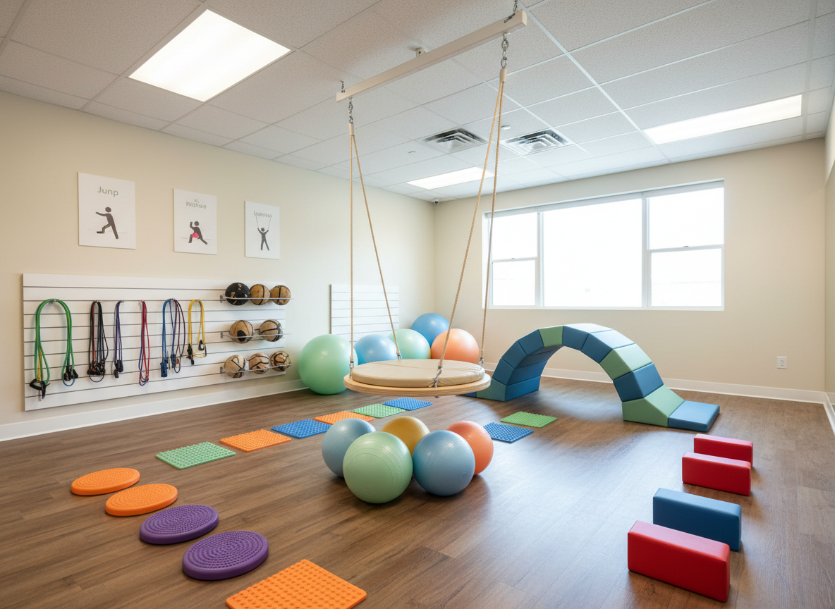 A sensory-motor therapy gym for children, shown in photographic realism, with a securely mounted platform swing, large therapy balls in coordinated soft colors, and a tunnel made of padded foam. On the floor, a structured obstacle course of balance discs, textured mats, and low foam blocks is laid out in a clear path. The walls display simple, uncluttered visual cues and storage racks holding resistance bands and weighted balls. Bright, even overhead lighting combined with some natural daylight keeps the scene crisp, professional, and energizing without feeling overwhelming. Captured from a wide, slightly elevated angle, the composition highlights safe exploration and motor planning opportunities in a well-organized pediatric occupational therapy space.