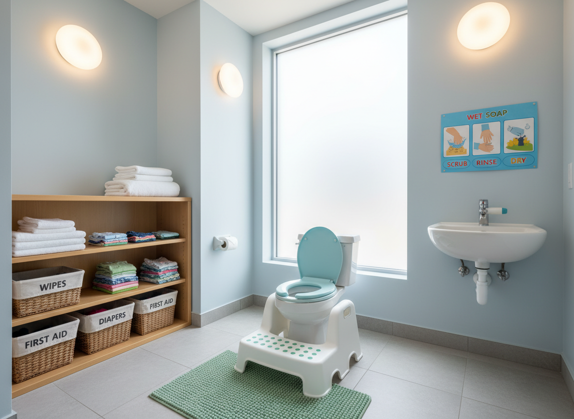 A bright, professional pediatric bathroom training space, photographed in realistic detail, showing a child-sized toilet with a stable step stool and soft, non-slip mat beneath. Next to it, a low sink with an easy-reach faucet extension features a visual handwashing sequence laminated above. Open shelves contain neatly folded towels, spare clothing, and discreetly organized hygiene supplies in labeled baskets. Natural daylight from a frosted window combines with soft overhead lighting, creating a clean, hygienic, and reassuring atmosphere. Captured from a slightly elevated angle with clear, sharp focus, the composition highlights accessible design, safety features, and visual supports that promote independence in toileting and personal hygiene without any people present.